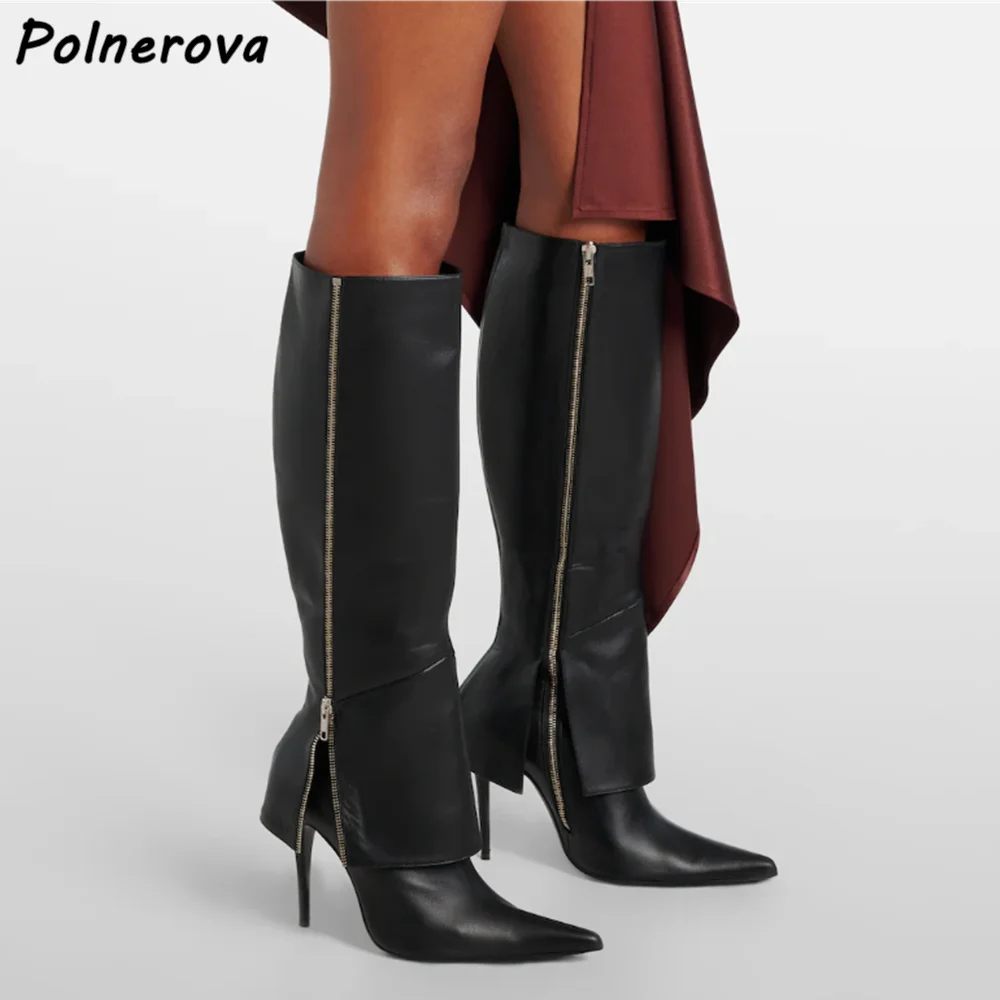 Black Pointy Toe Boots Turn Over Edges Side Zipper Thin Heels Women's Fashion Knee High Boots Fashion Winter Leather Sexy Shoes