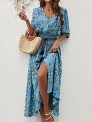Summer New Women's Dress V-neck Three-quarter Sleeves Lantern Sleeve Waist Tie Dress Bohemian Travel Vacation Beach Dress
