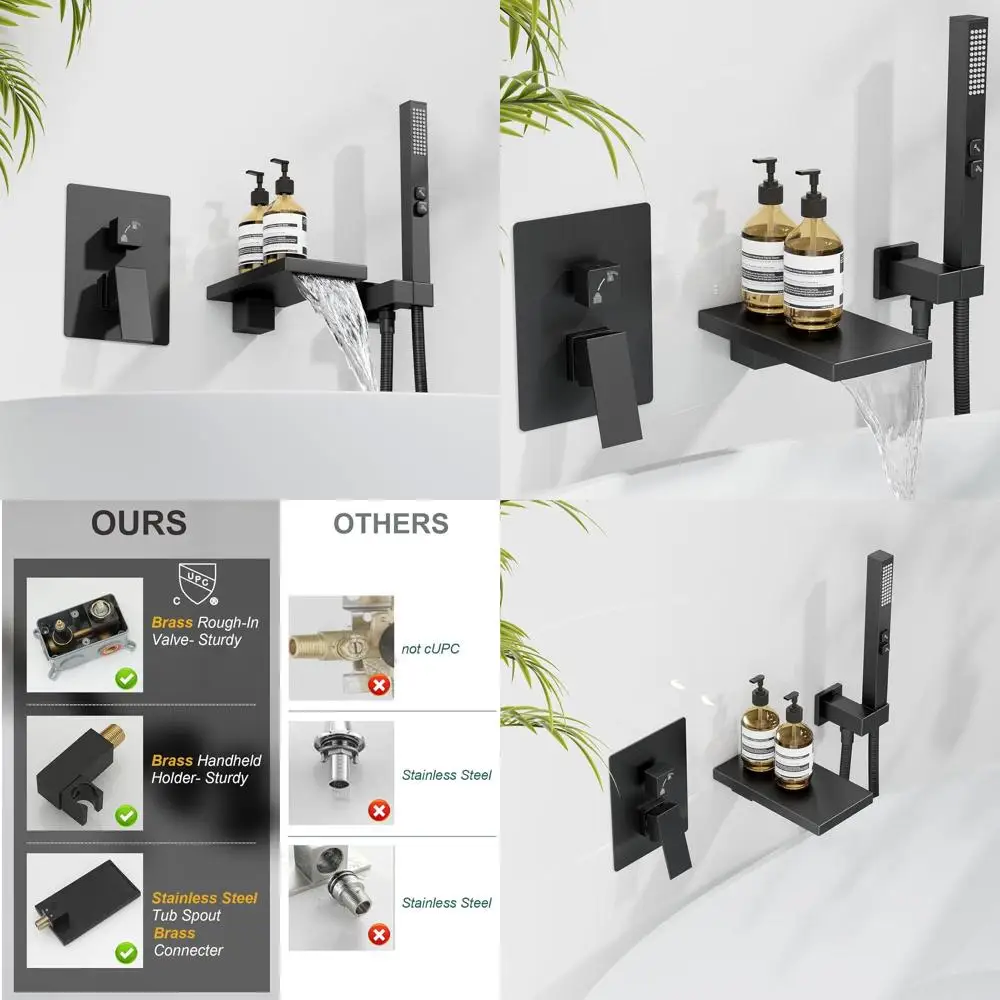 

Настенный смеситель для ванны с изливом-водопадом и ручным душем, матовый черный