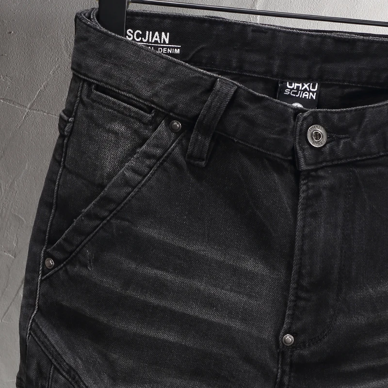 Street Fashion Men Jeans Retro Black Gray Stretch Slim Fit Ripped Jeans Men Spliced Designer Hip Hop Denim Biker Pants Hombre