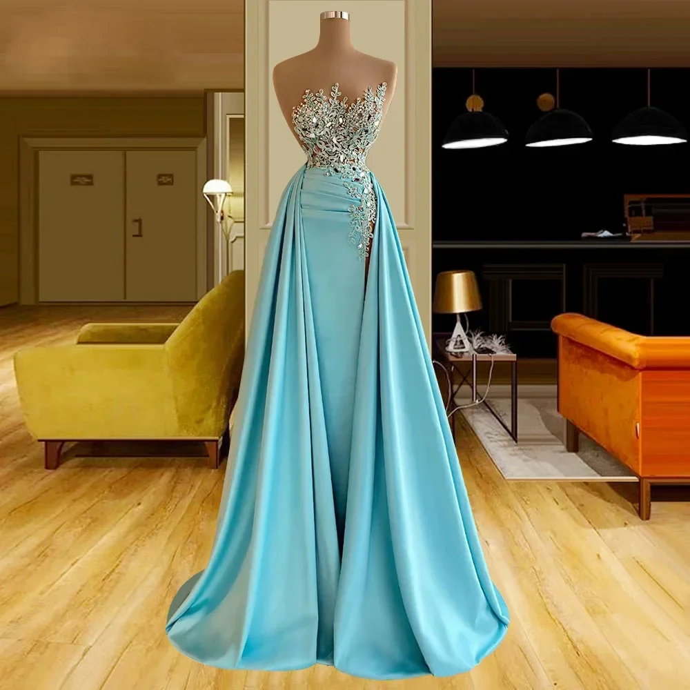 New Evening Dress Satin prom Dress Sky Blue Performance Banquet Party Formal Occasion Wedding Customization