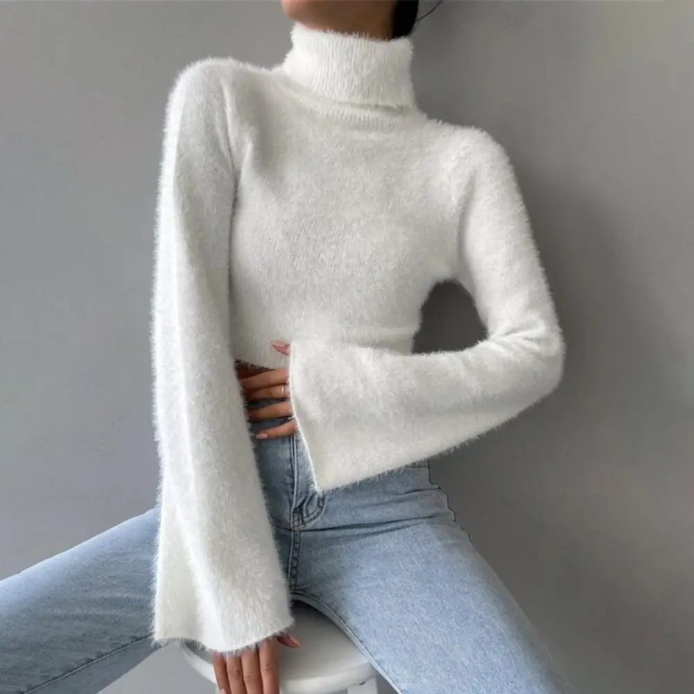 Solid Color Plush Sweater Stylish Women's High Collar Cropped Sweater With Flared Long Sleeves Solid Color Slim Fit For Exposed