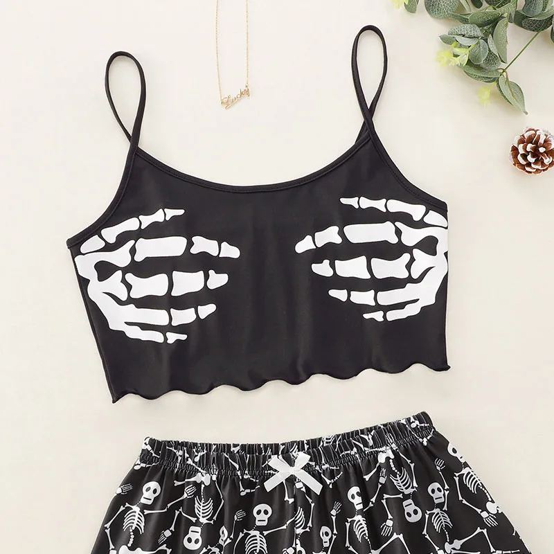 2PCS/Set Women Printed Halter Bustier Top Shorts Halloween Homewear Sexy Halter Shorts Ladies Fashion Soft Casual Sexy Pajamas