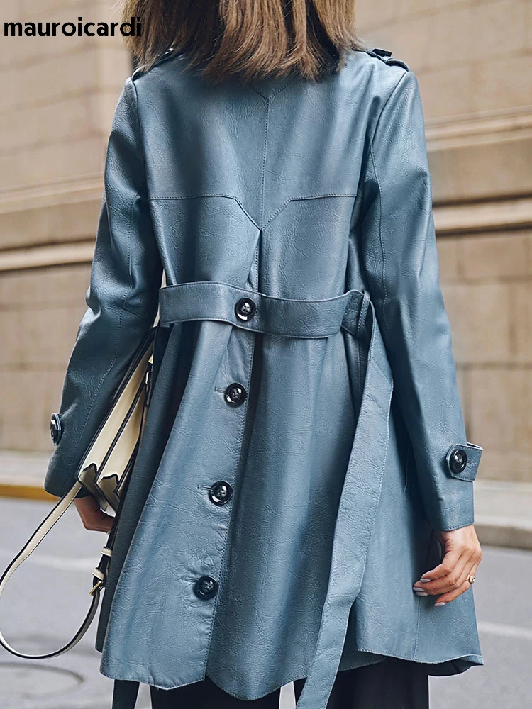 Lautaro Spring Autumn Classy Blue Faux Leather Trench Coat for Women Belt Elegant Luxury Designer Clothes Runway Fashion 2022