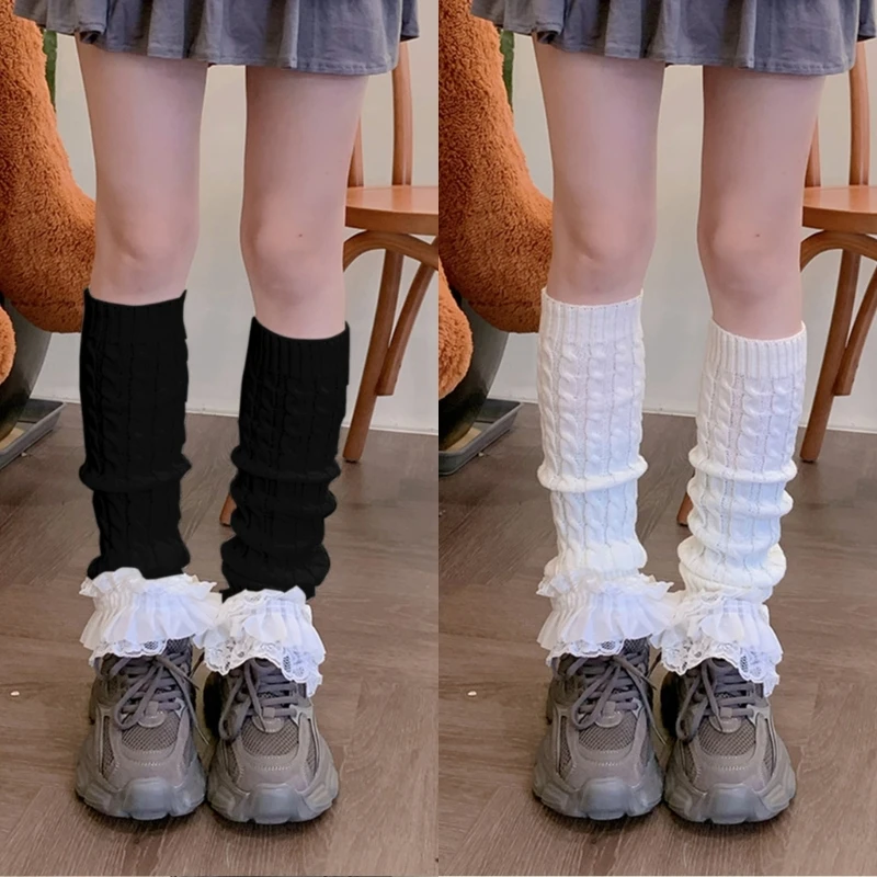 Twist Cable Knitted Leg Warmers with Bowknot Women Sweet Tiered Ruffled Lace Hem Leg Cover Boot Cuffs Calf Socks