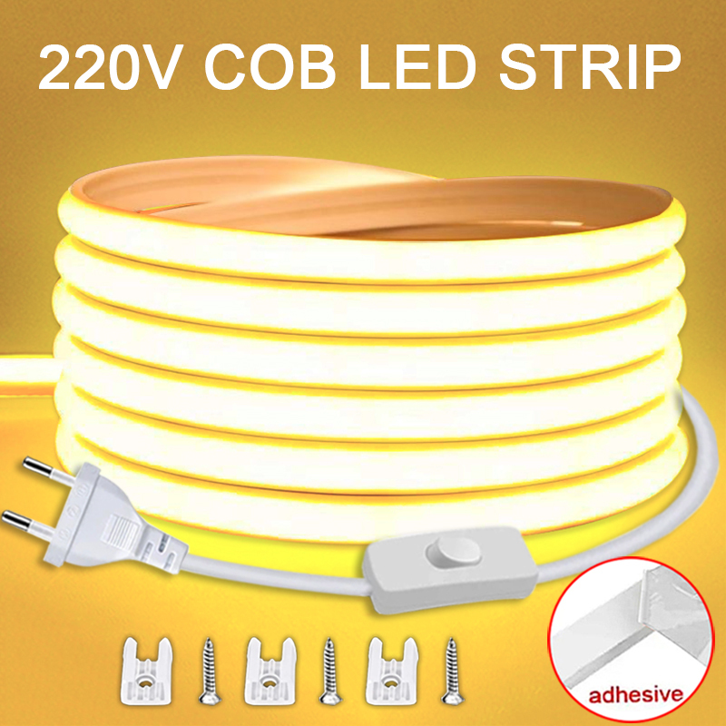  220V Led Strip with ON/OFF Switch Waterproof COB LED Strip 220V Flexible Ribbon for Room Bedroom Kitchen Outdoor Garden Lighting 