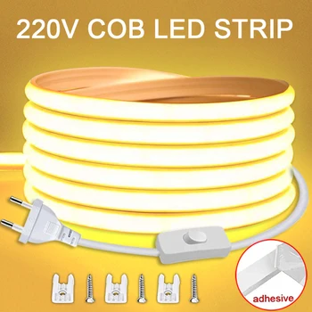 방수 COB LED 스트립, 온/오프 스위치, 유연한 리본, 침실, 주방, 야외 정원 조명, 220V, 220V