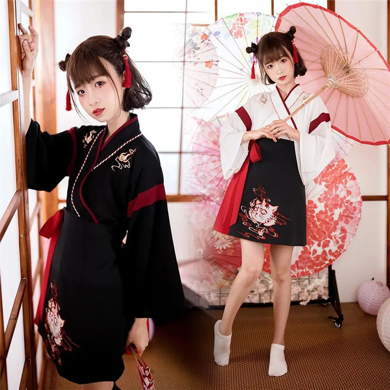 

Woman Japanese Kimono Dress Performance Dance Costumes Sweet Cat Embroidery Yukata Haori Skirt Tops Set Ancient Oriental Wear