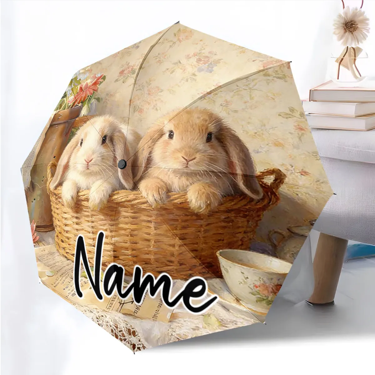 Custom Name Umbrella Basket Bunnies on Delightful Umbrella Design Print 8Iron Ribs Folding Umbrella Auto-Open Fashion Sunshade