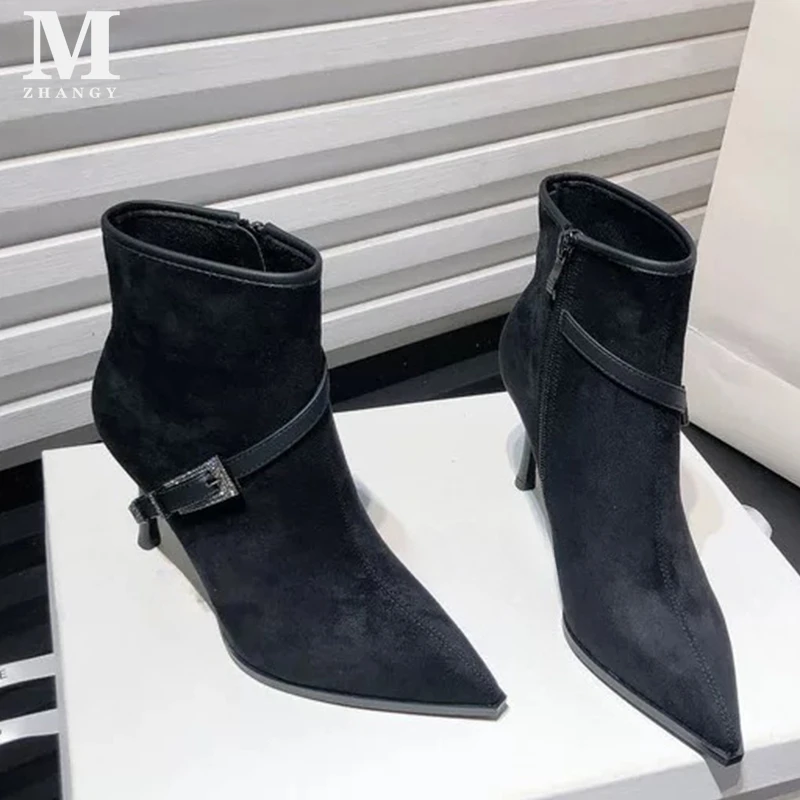 

Pointed Toe Women Fur Boots Ankle Suede Thin Heels Plush Shoes Pumps Sexy Woman Winter New 2025 Trend Elegant Botas De Mujer