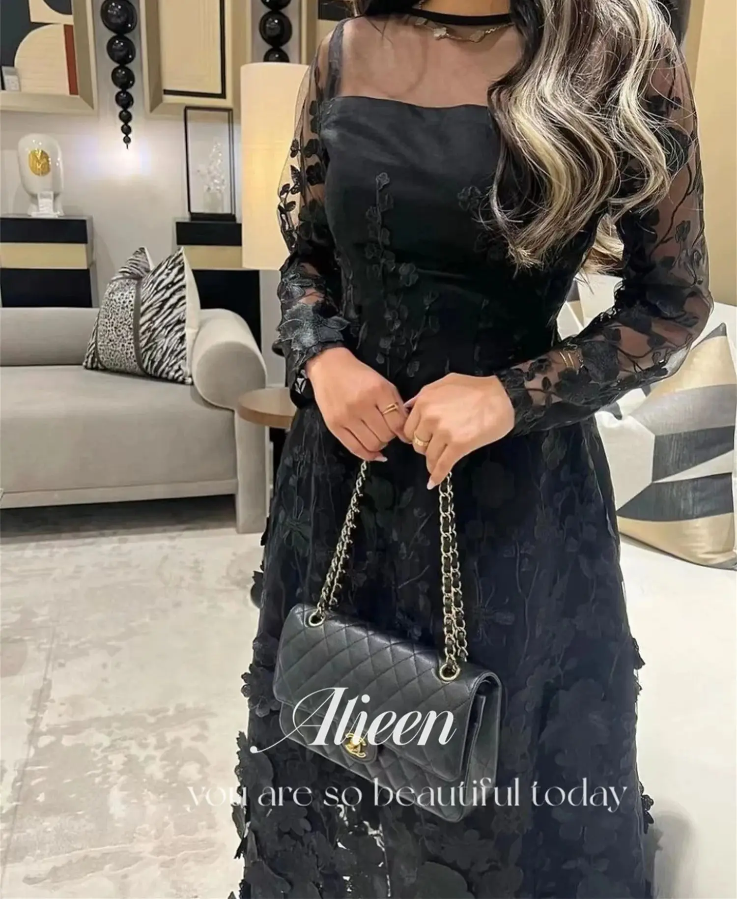 Aileen 3D Flowers Black Round Neck A-line Formal Dresses With Long Sleeves Sharon Said Wedding Party Dress Women Elegant Luxury