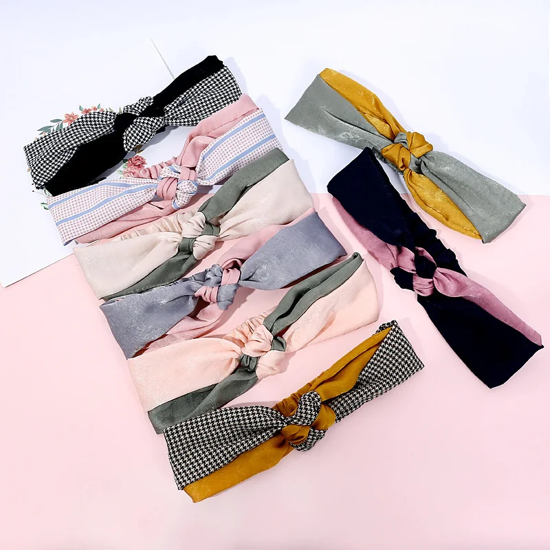 Fashion Women Headband Vintage Silk Plaid Cross Knot Elastic Hair Bands Color Matching Soft Solid Girl Hairband Hair Accessories