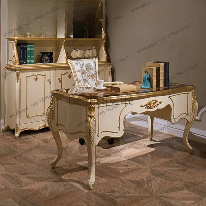 

European solid wood carving flower study combination furniture neoclassical writing desk gold desk