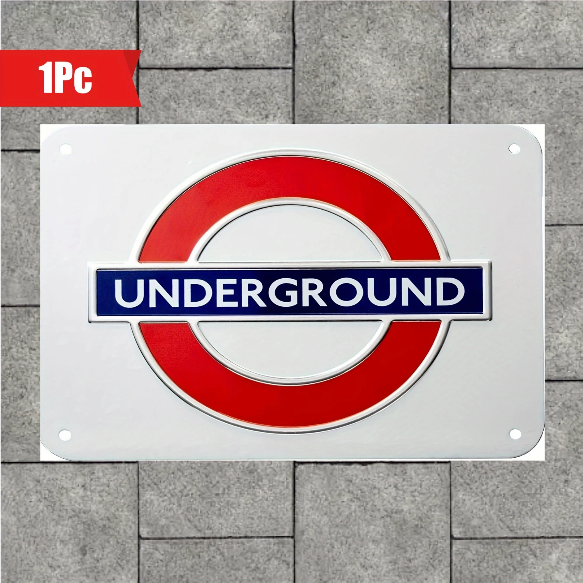 1pc London Underground Metal Tin Sign - Vintage Tube Station Decor with Red & Blue Circle Design - Heavy-Duty Iron Constructi