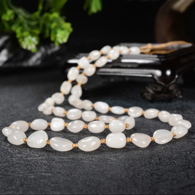 

Hotan Jade White Necklace with Irregular Shaped Stone Beads and Fine Lustrous Chain