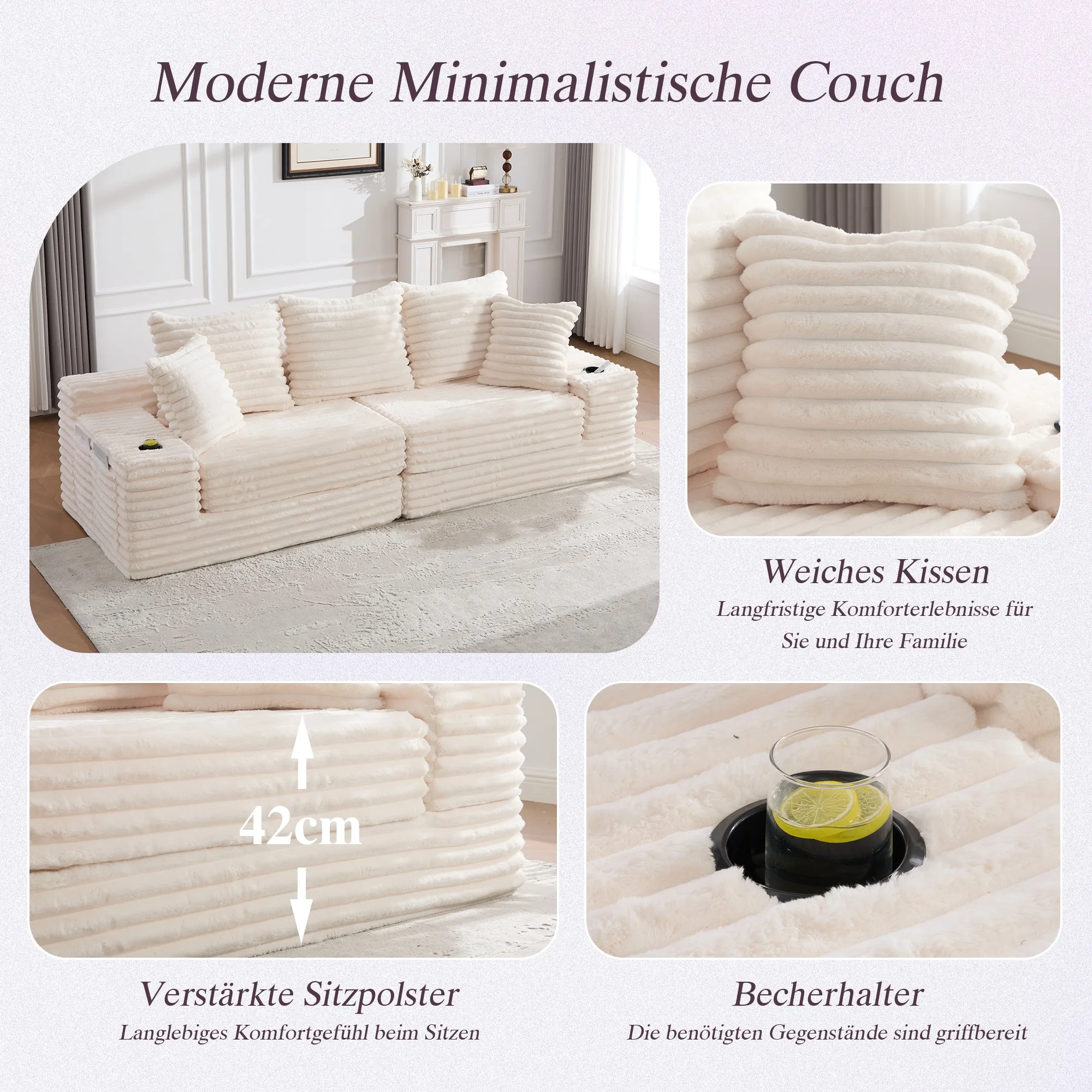 LVHOM 4-Sitzer Cordsofa mit Chaiselongue, Kissenrücken, Eckigen Armlehnen, Getränkehaltern & Seitentaschen für Wohnzimmer – Detail 11