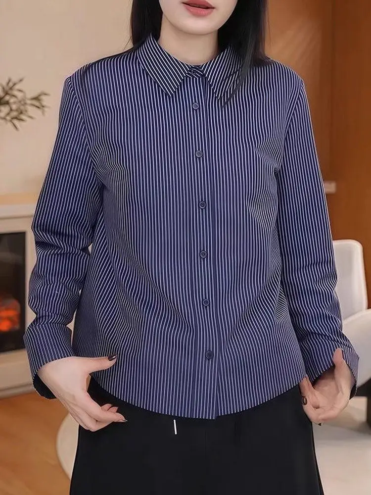 

plus Size Striped irt Women's Simple Faion Fce Lined Turn-down Collar Top High Waist Loose Fit Long Sve Spring Wear