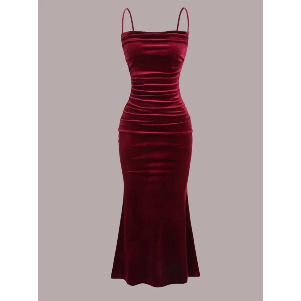 Aksamitna sukienka na ramiączkach Elegancja Jesień Zima Nowość Modna damska sukienka midi Bez marki Materiał poliestrowy