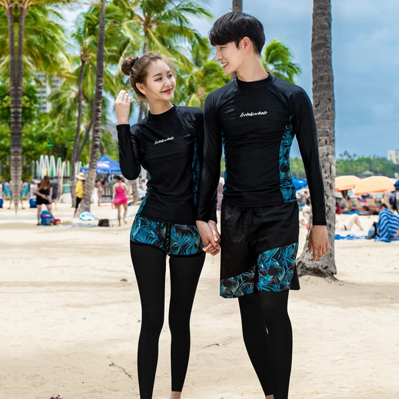 wisuwore 2023 Long Sleeve Couple Surf Suit Rash Guard Women Solid 3 Pieces Swimsuit Legging Swimwear Surfing Suit Bathing Suit