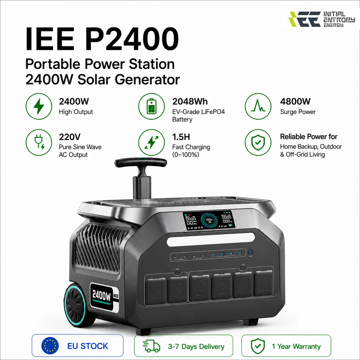 Station d'alimentation portable IEE P2400, générateur solaire 2400W, batterie LiFePO4 de qualité EV 2048Wh, 11 ports de sortie, charge rapide 220V en 1,5h pour la maison, l'extérieur et la vie hors réseau.