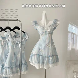 Summer Women Blue A-line Lace Bow Dress Vintage Elegant Sleeveless Kawaii Flower Print Dresses One Piece Frocks 2000s Clothes