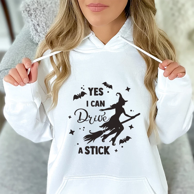 Fashion Women Sweatshirt Hoodie Halloween Witchy I Can Drive A Stick Hoodies Women Halloween Vintage Retro Witch Pullover Hoodie