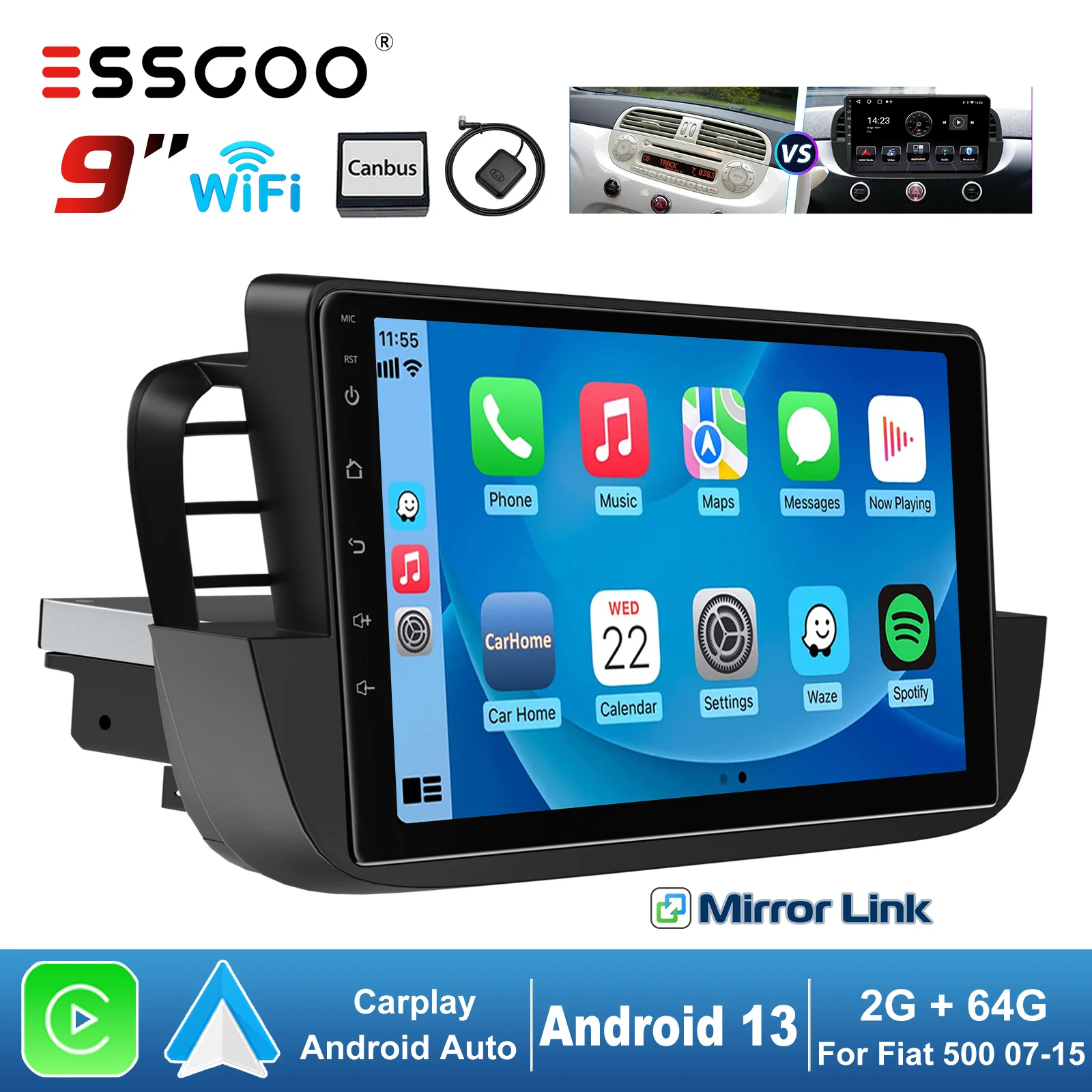 ESSGOO 9 Inch Android 13 Auto Carplay Car Radio Multimidia Video Player GPS Navigation Car Stereo Head Unit For FIAT 500 07-2015