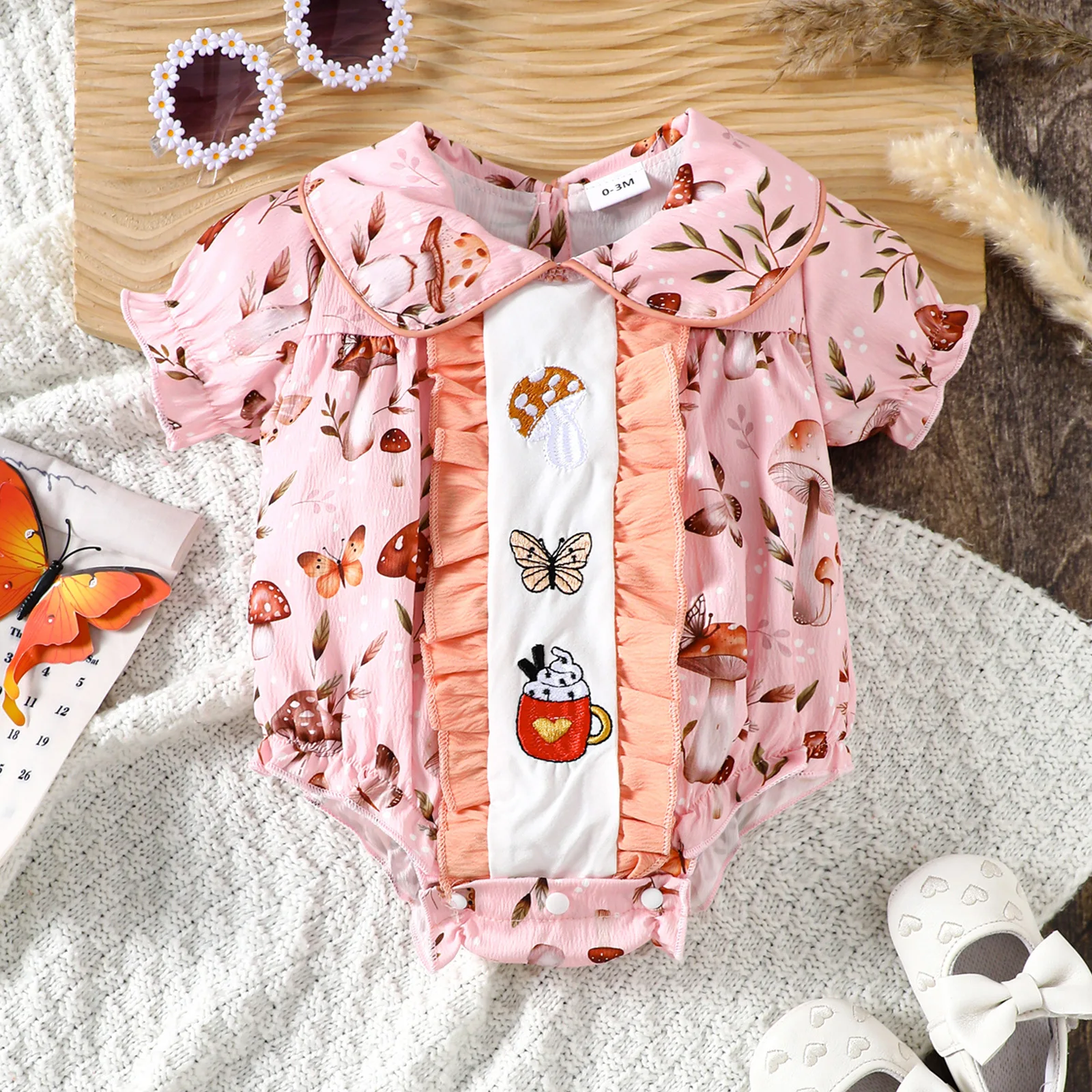 2025 Summer Bodysuit for Baby Girls Sweet Cherry Print Embroidered Infant Jumpsuit Lapel Short Sleeved Toddler One Piece Clothes