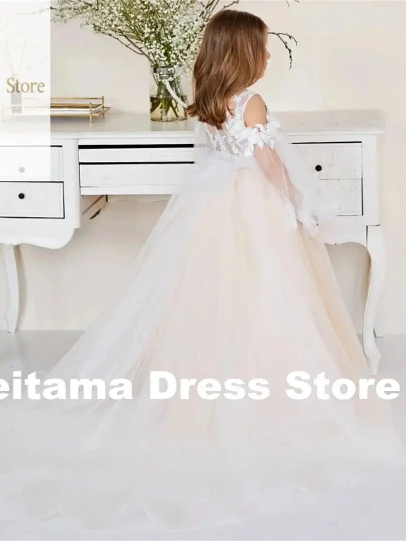 Personalização vestidos da menina de flor champanhe tule branco flory apliques com cauda manga longa para o aniversário do casamento comunhão sagrada