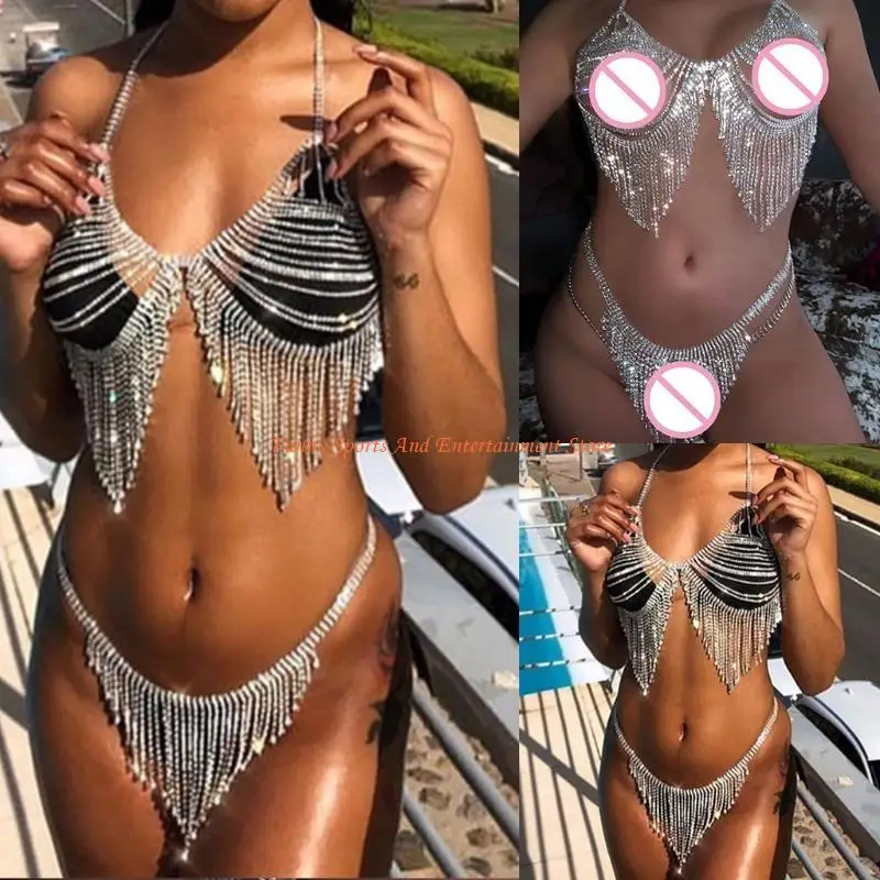 C4DE Women Sexy Glitter for Rhinestone Body Chain Set Shiny Faux Crystal Tassels Bra Panties Underwear Jewelry Lingeri