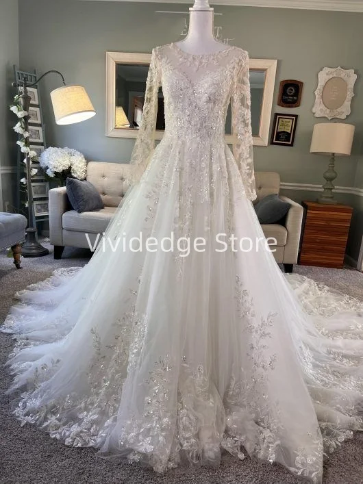 Customized Beaded Dress Modest Haute Couture Wedding Dress with Illusion Neckline and See Through Sleeves vestidos de noche