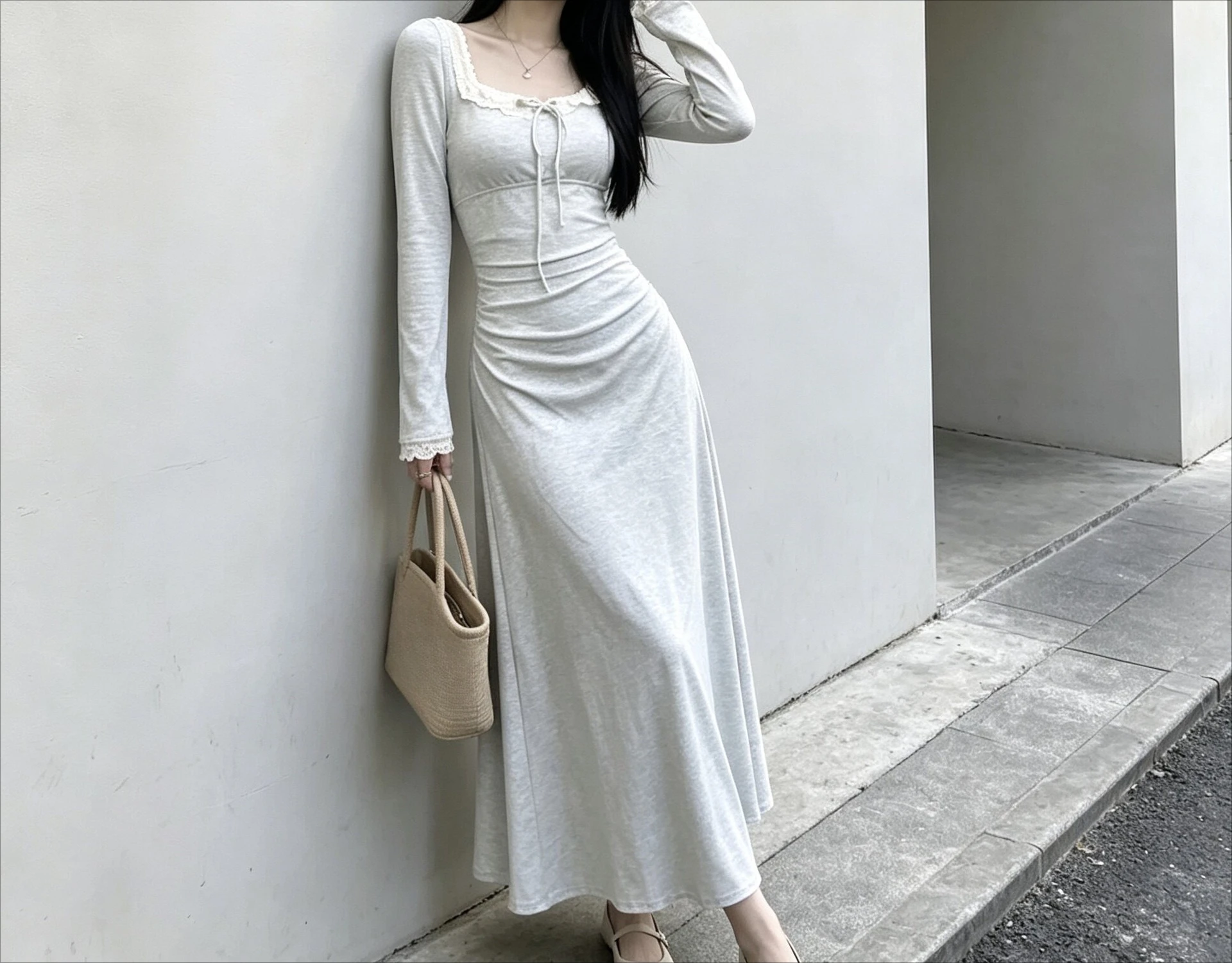 2026 Gray Long Sleeved Dress for Women's Autumn New Collection Waist Cinching Long Skirt