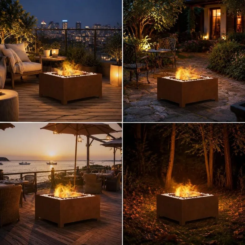 Fogata Exterior Cuadrada de Acero, Diseño Industrial Portátil, 60 x 60 x 30 cm, Acabado Mate, Resistente al Calor, Ideal para Jardín, Terraza, Patio, Reuniones Familiares y Momentos al Aire Libre, con Estufa