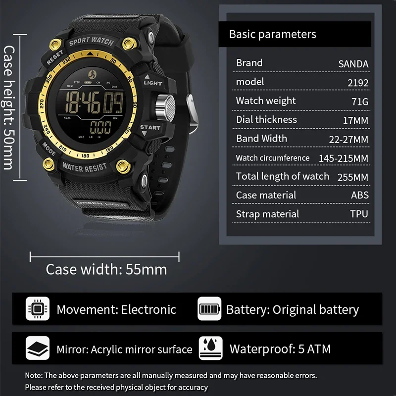 SANDA ساعات إلكترونية كلاسيكية للرجال مقاومة للماء، قرص كبير عصري، متعدد الوظائف، عد التاريخ، ساعة رياضية