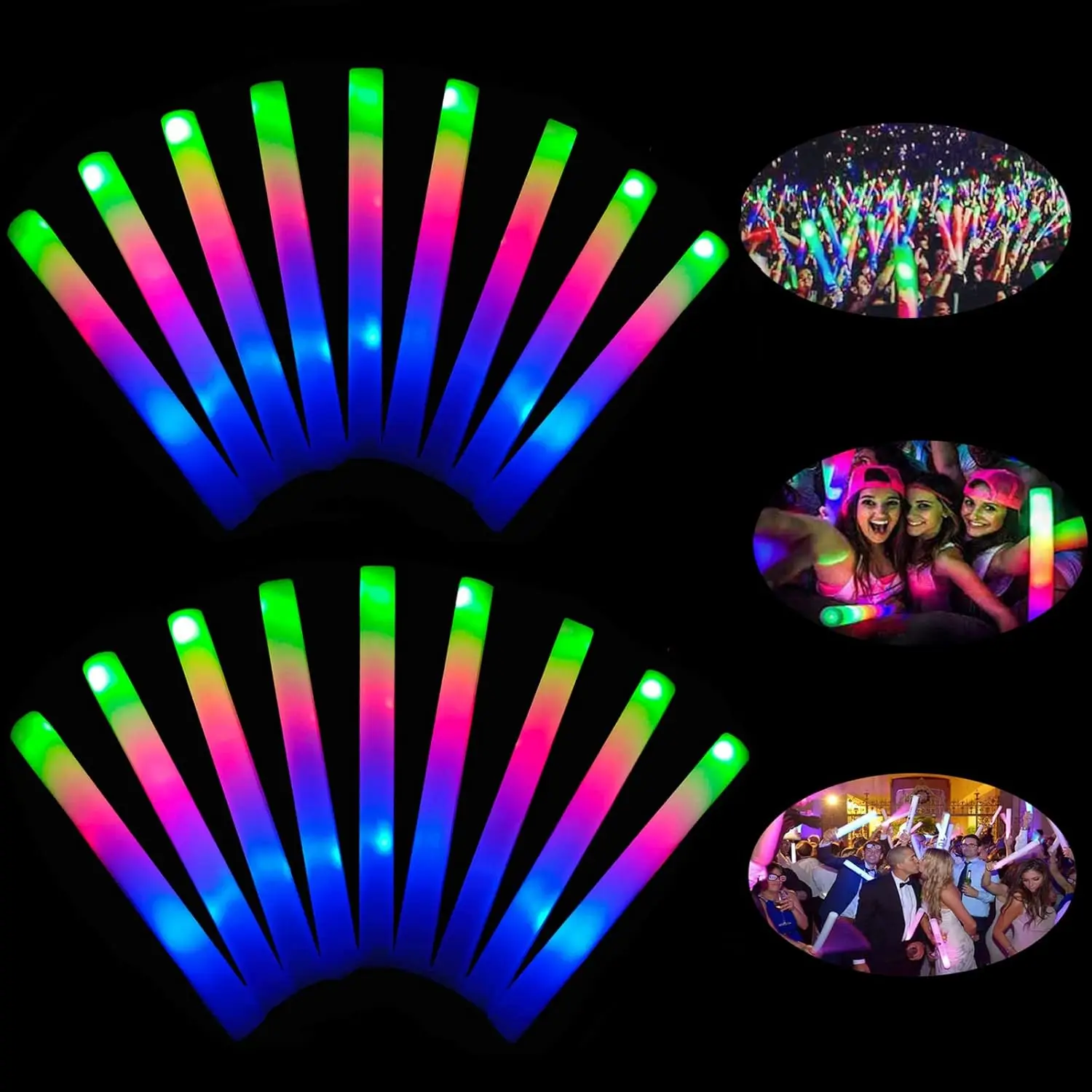 Foam Glow Sticks-52PCS LED Light Up Foam Sticks with 3 Modes Flashing,Glow in The Dark Party Supplies