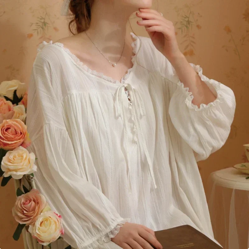 Long Dressing Gown Loose Robe Peignoir Nightwear Women Pure Cotton Princess Sleepwear Victorian Nightgowns Vintage Night Dress