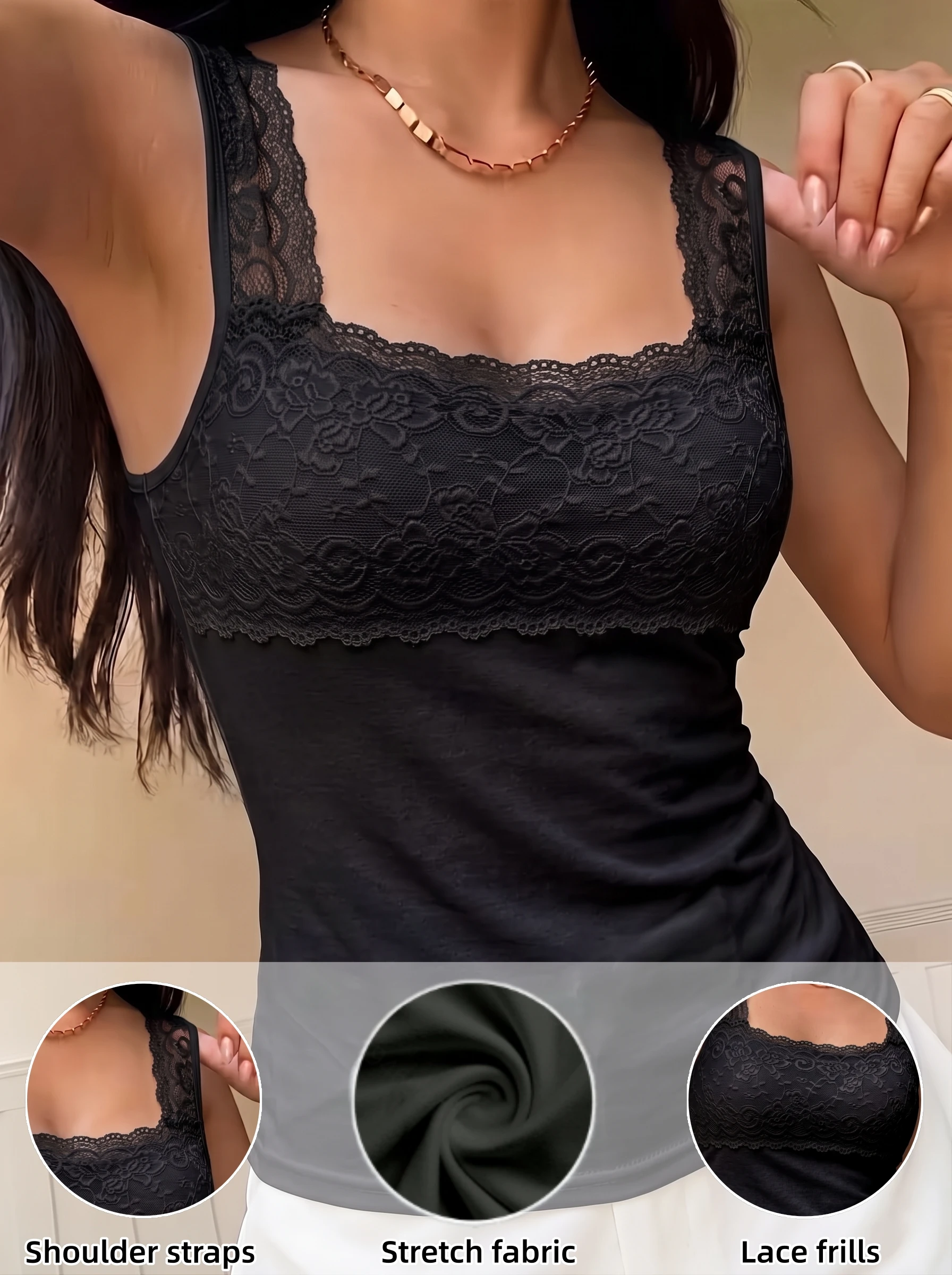 Women's Lace Patchwork Camisole, French-Style Solid Color Spaghetti Strap Sleeveless Top, Comfortable Inner Wear, Soft and Stretchy, Slim-Fit Camisole, Elegant and Sexy, Versatile Women's Top and Underwear, Suitable for Daily Casual Wear, Can Be Worn in All Seasons