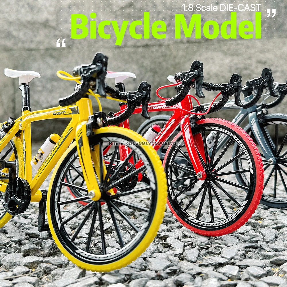 1:8 mini modelo de bicicleta de liga com rack de estacionamento, decoração fundida, metal, montanha, dedo azul, simulação de bicicleta, presentes, brinquedos para meninos