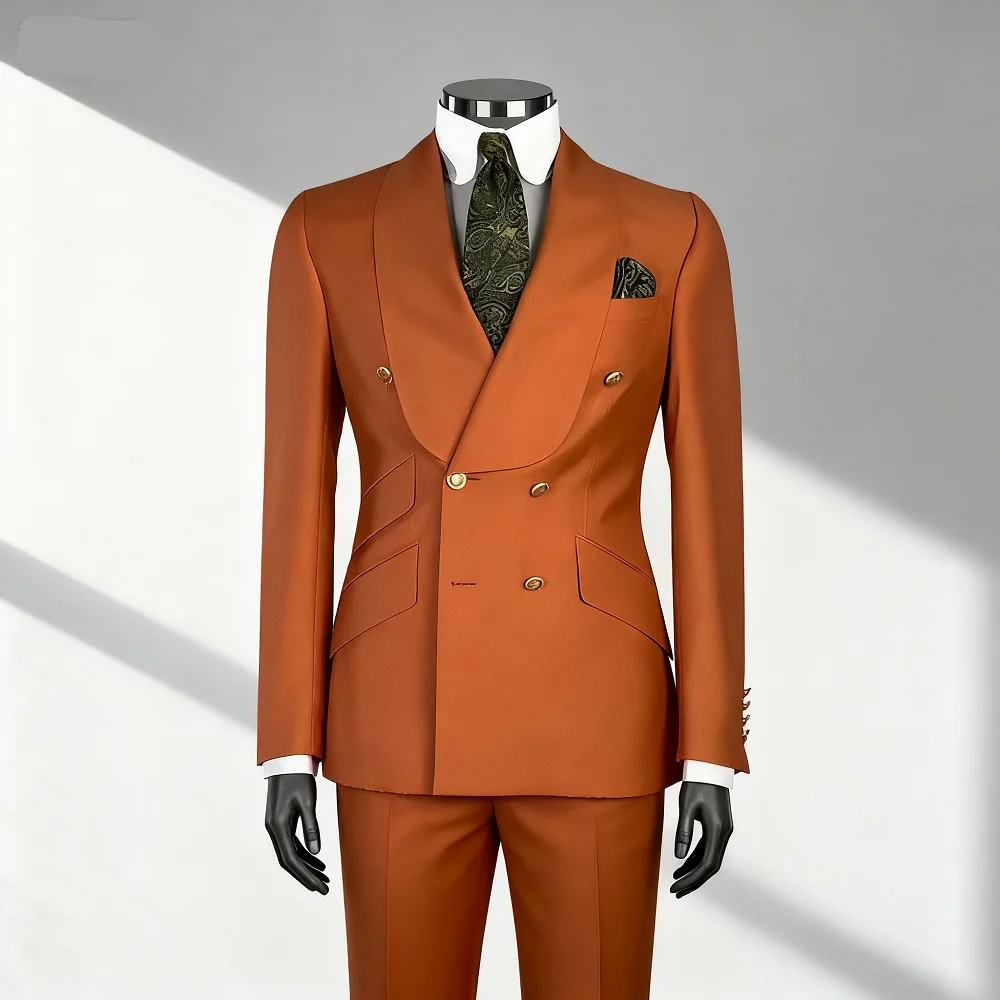 

Мужские элегантные повседневные однотонные смокинги из 2 предметов с двубортным пиджаком и брюками с шалью и лацканами для бизнеса и свадьбы