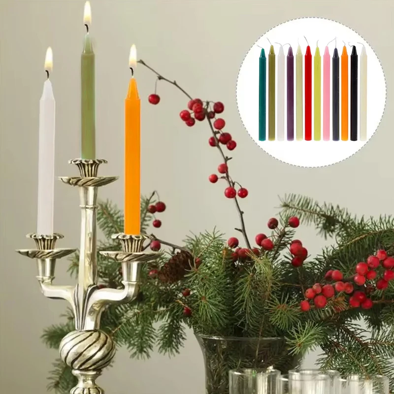 12pcs Smokeless Long Stick Candles Festival Decoration Unscented Mini Taper Candle Christmas Party Emergency Lighting Supplies