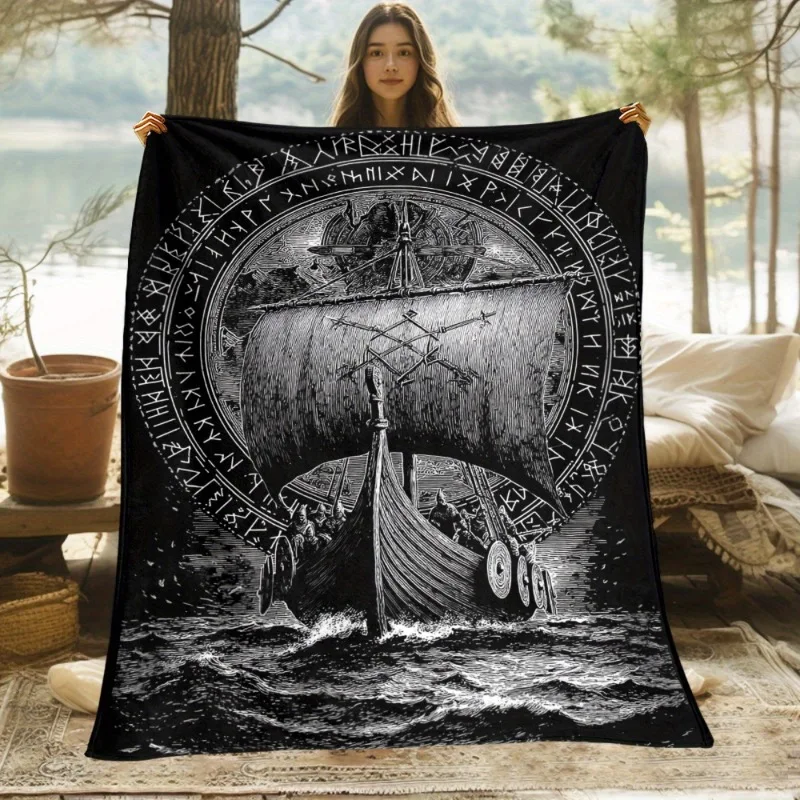 [Viking Pirate Ship Blanket] 1pc Viking Pirate Ship Portable Blanket - Lightweight Flannel All-Season Soft Warm Throw with