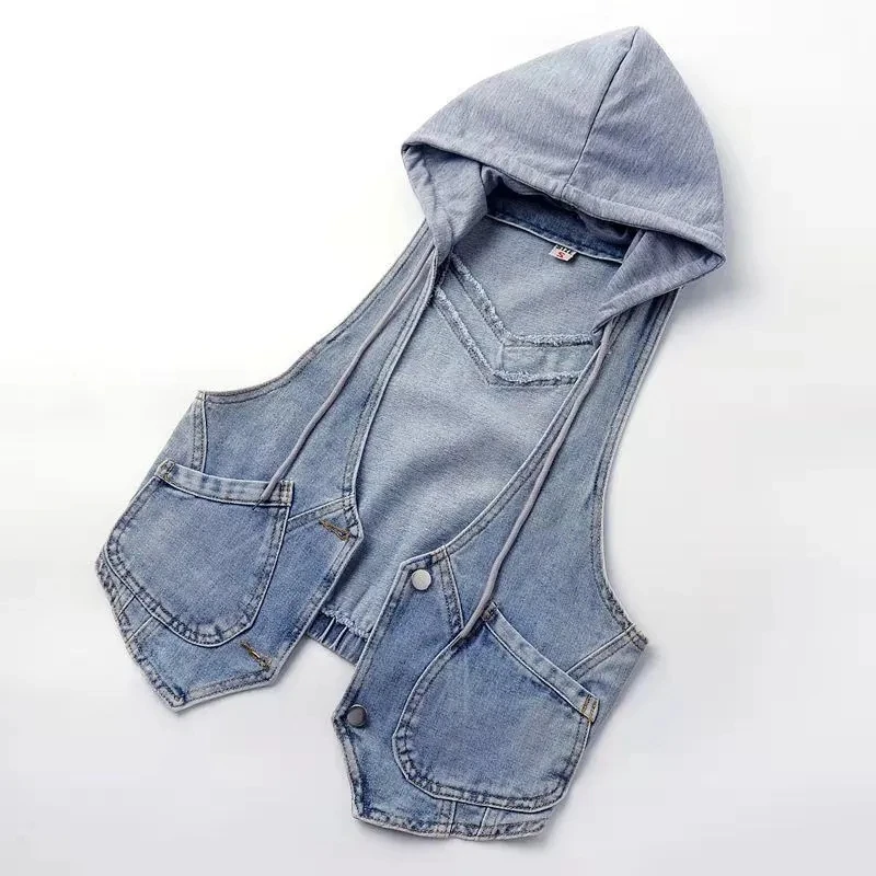 2024 New Denim Vest Women's Spring Autumn Clothes Sleeveless Wild Short Hooded Jacket Women Denim Jeans Vest Jacket Female