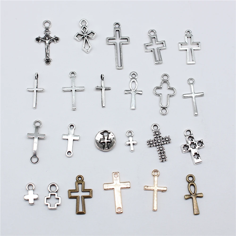 40pcs Tibetan Bronze Silver Color Pendants Antique Jewelry Making DIY Handmade Craft Small Cross Charms For Jewelry Making