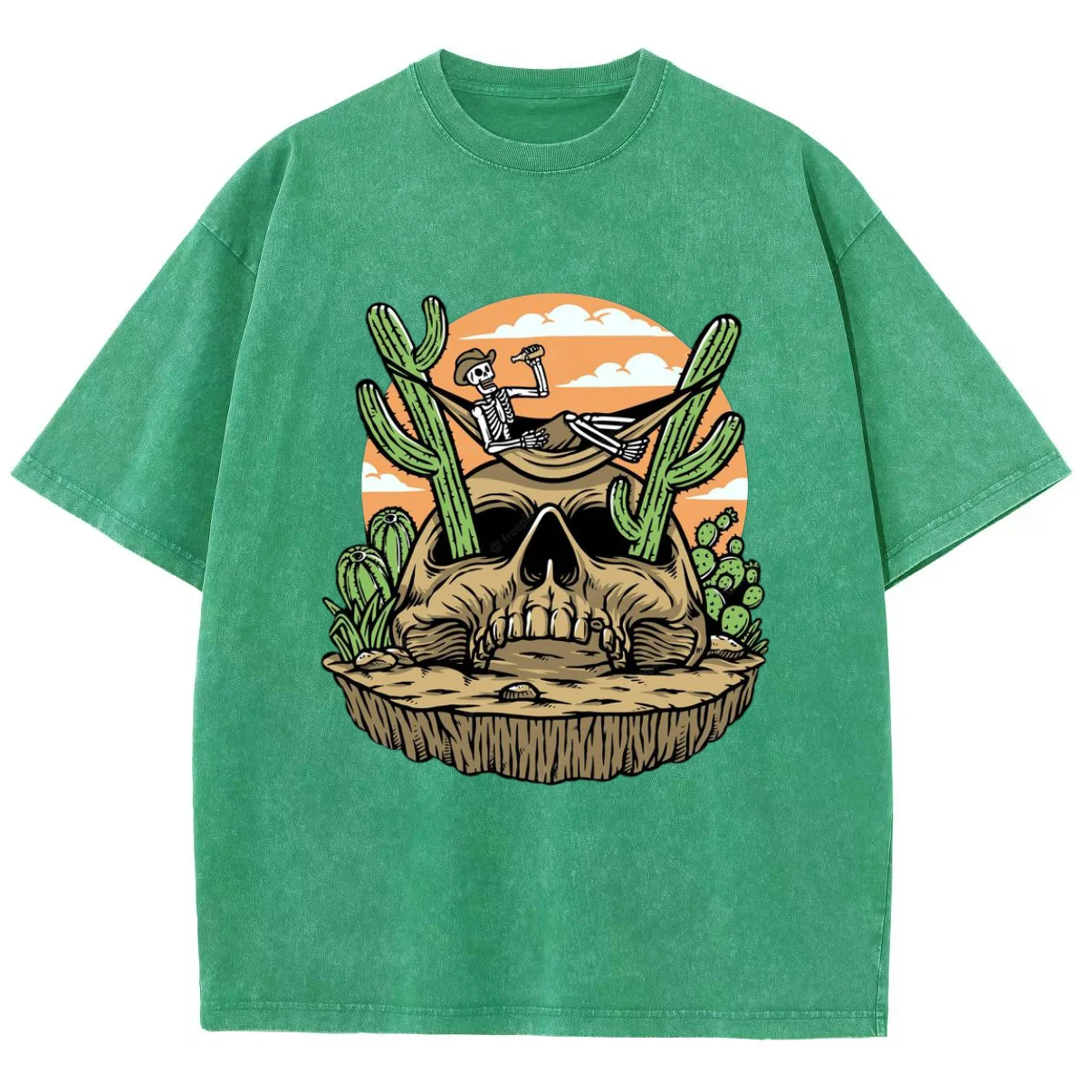 Cartoon Desert Skull Print Women's T-Shirt Breathable Cotton Short-Sleeved Washed Retro Hip Hop Hoodie Loose Sportswears