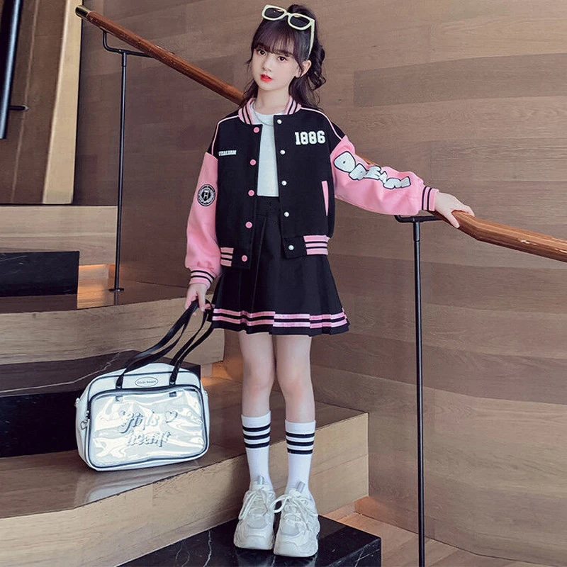 4 5 6 8 10 12 14Y Junior Girls Baseball Suit Spring  Autumn Fashion Splicing Letters Print Coats+Pleated Skirt 2Pcs Student Set