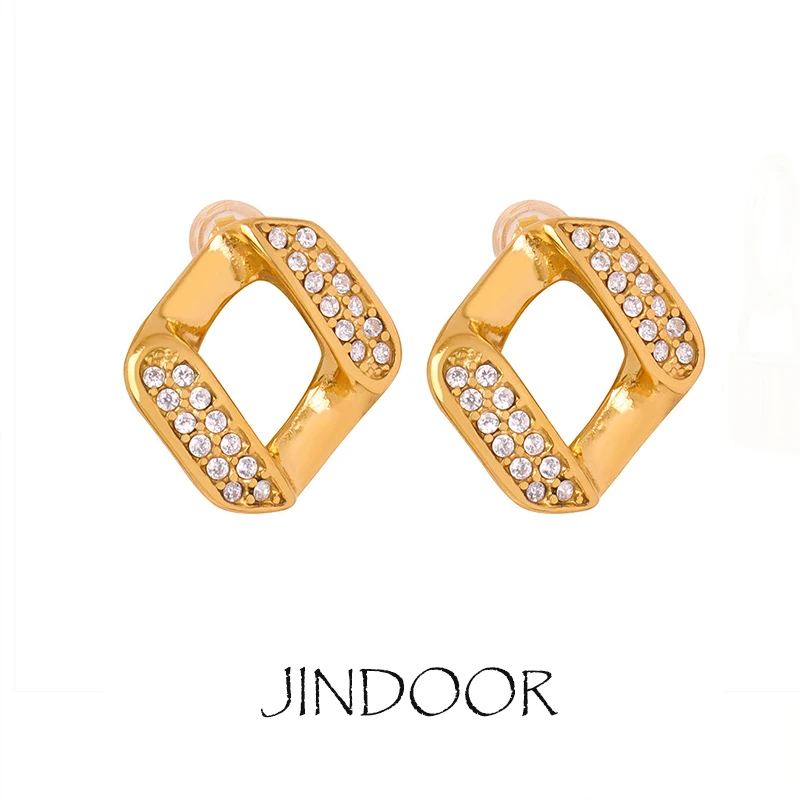 JINDOOR Minimalist Chic Titanium Steel Gold-Plated Zircon Earrings Geometric Design Diamond Earrings Jewelry