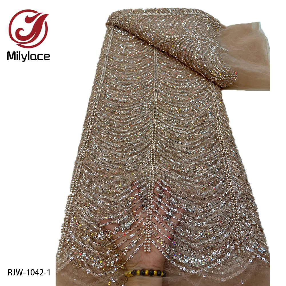 

Luxury African Heavy Beaded Lace Fabric 2023 High Quality Nigerian Sequins Tulle Lace Fabric 5 Yards for Wedding RJW-1042