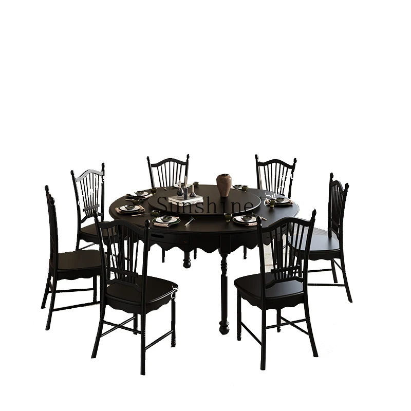 Medieval household round dining table all solid wood French small apartment with turntable eating chair FT