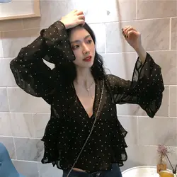 Summer New Sweet Long Sleeve Ruffles Blouse Women's Clothing Loose Stylish Folds Korean All-match Polka Dot Chiffon Shirt