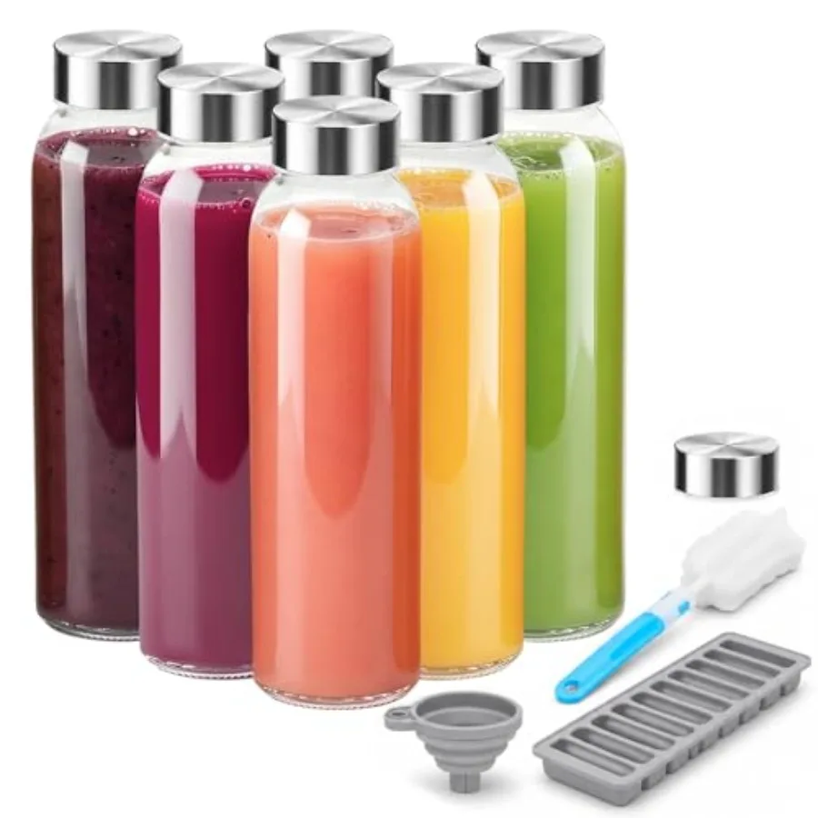 

Glass Juice Bottles with Lids 18 oz, Leak Proof Reusable Clear Glass Bottle with Stainless Steel Airtight Cap for Juicing, Wate